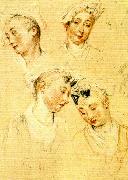 WATTEAU, Antoine fyra huvudstudier av ung kvinna Germany oil painting reproduction